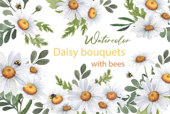 Watercolor Daisy and Bee Clipart for Elegant Digital Projects