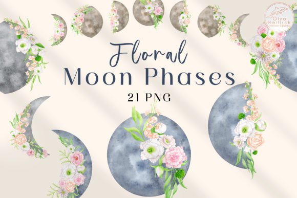 Watercolor Floral Moon Clipart Design Essentials