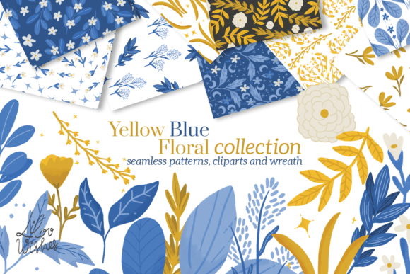 Yellow Blue Floral Patterns and Clipart for Creative Projects